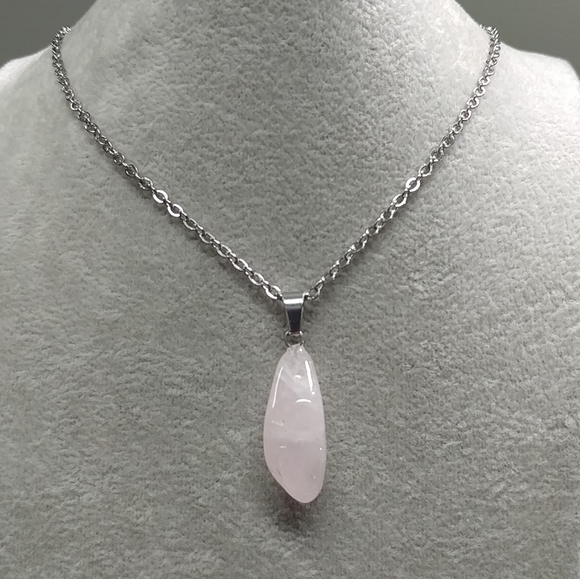 Rose Quartz Necklace Natural Gemstone Pink Crystal Pendant Stainless-Steel Chain - Picture 13 of 17